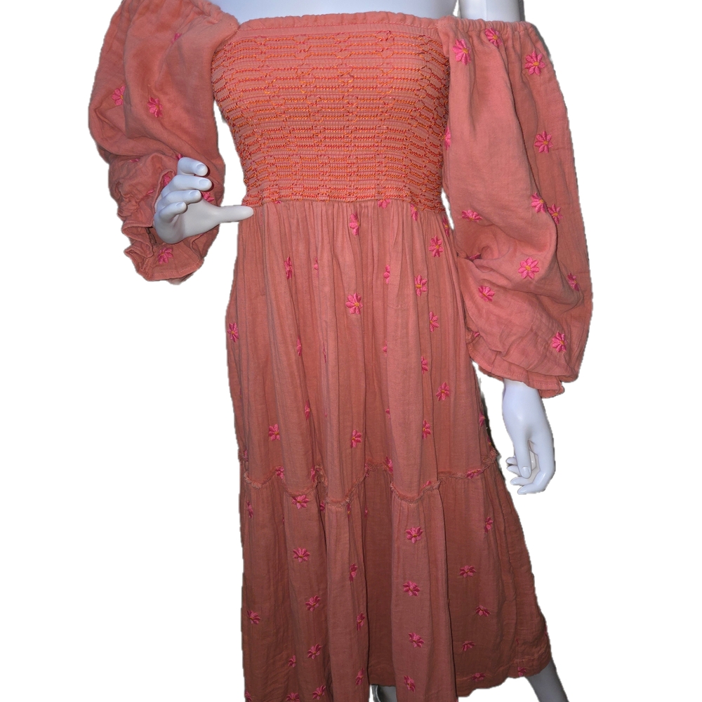 Free People Dahlia Coral Puff Sleeve Dress